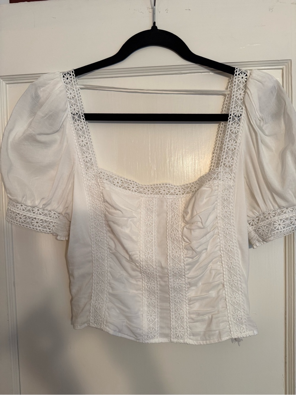 Reformation White Lace-Trim Square Neck Puff Sleeve Top